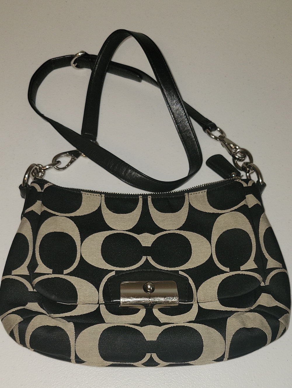 Coach Small Shoulder Bag in Black and Cream Signature Canvas
